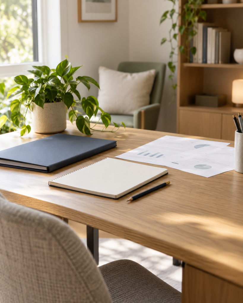 Illustrative assessment workspace with a notebook, a folder and unlabelled papers on an oak desk.