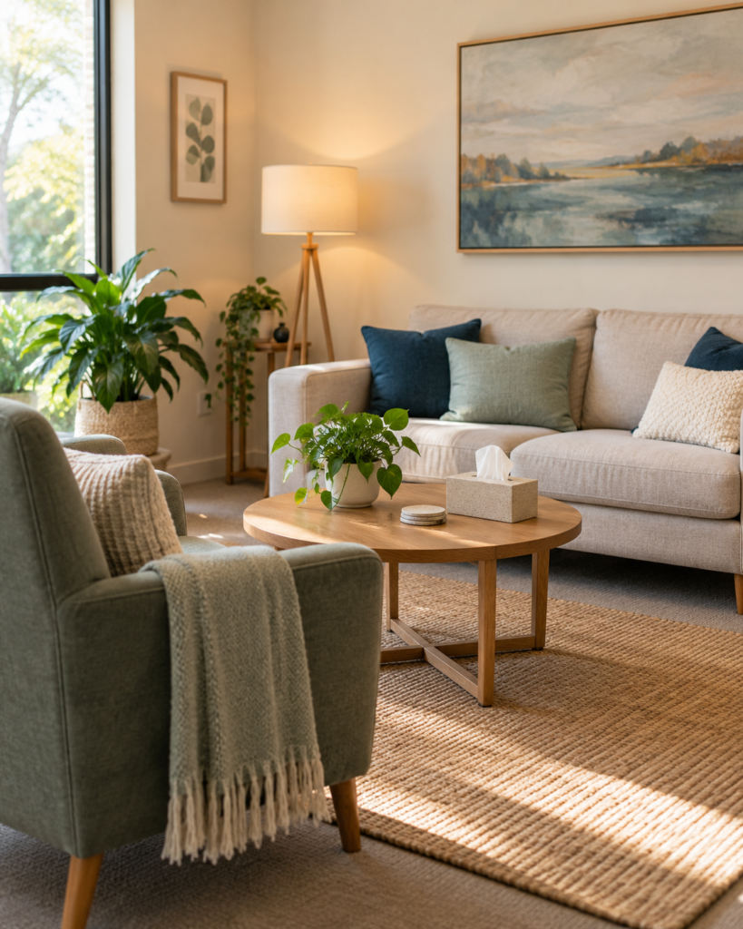 Illustrative couples counselling setting with a sofa, an armchair and a small table.