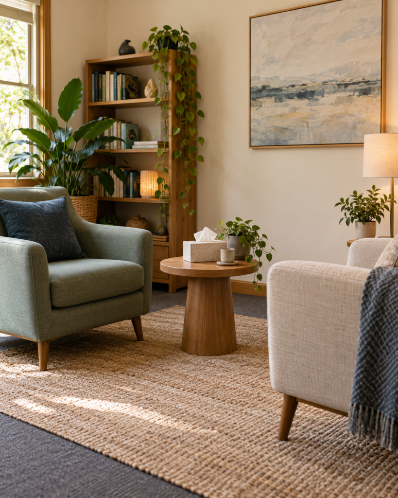 Illustrative counselling room with two armchairs, a wooden table and plants.